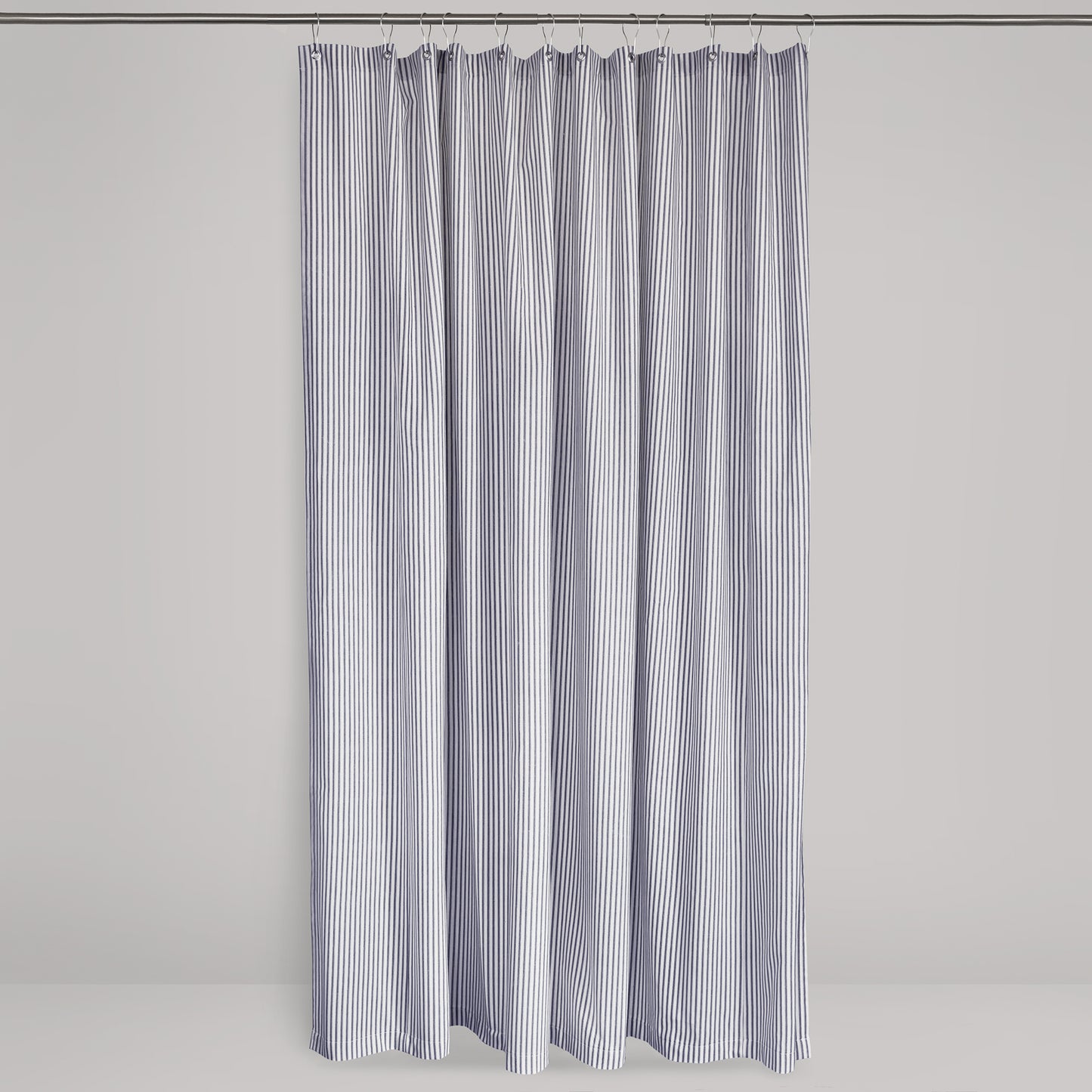 blue and cream ticking stripe fabric shower curtain