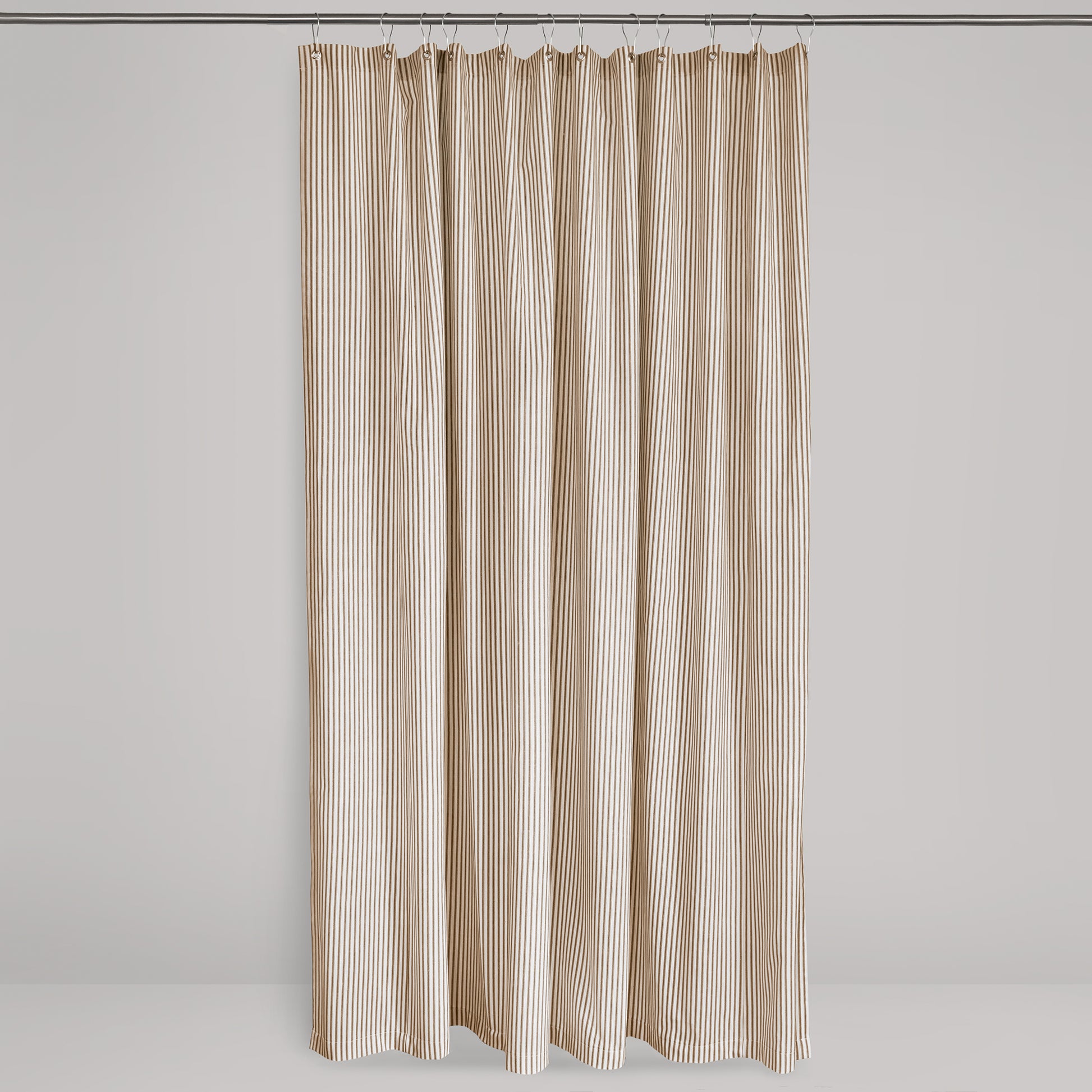 brown and cream ticking stripe fabric shower curtain