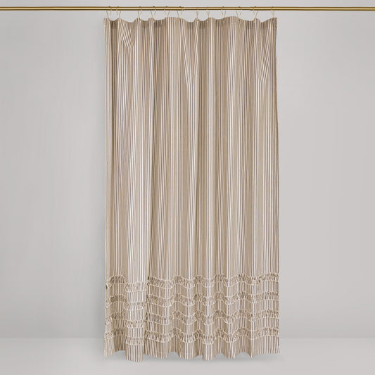 Ruffled Ticking Stripe Shower Curtain Brown