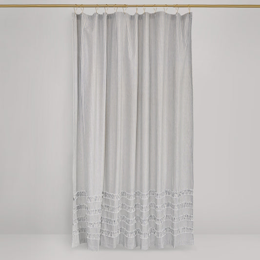 Ruffled Ticking Stripe Shower Curtain Gray