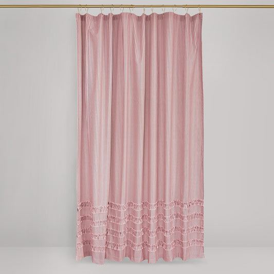 Ruffled Ticking Stripe Shower Curtain Red