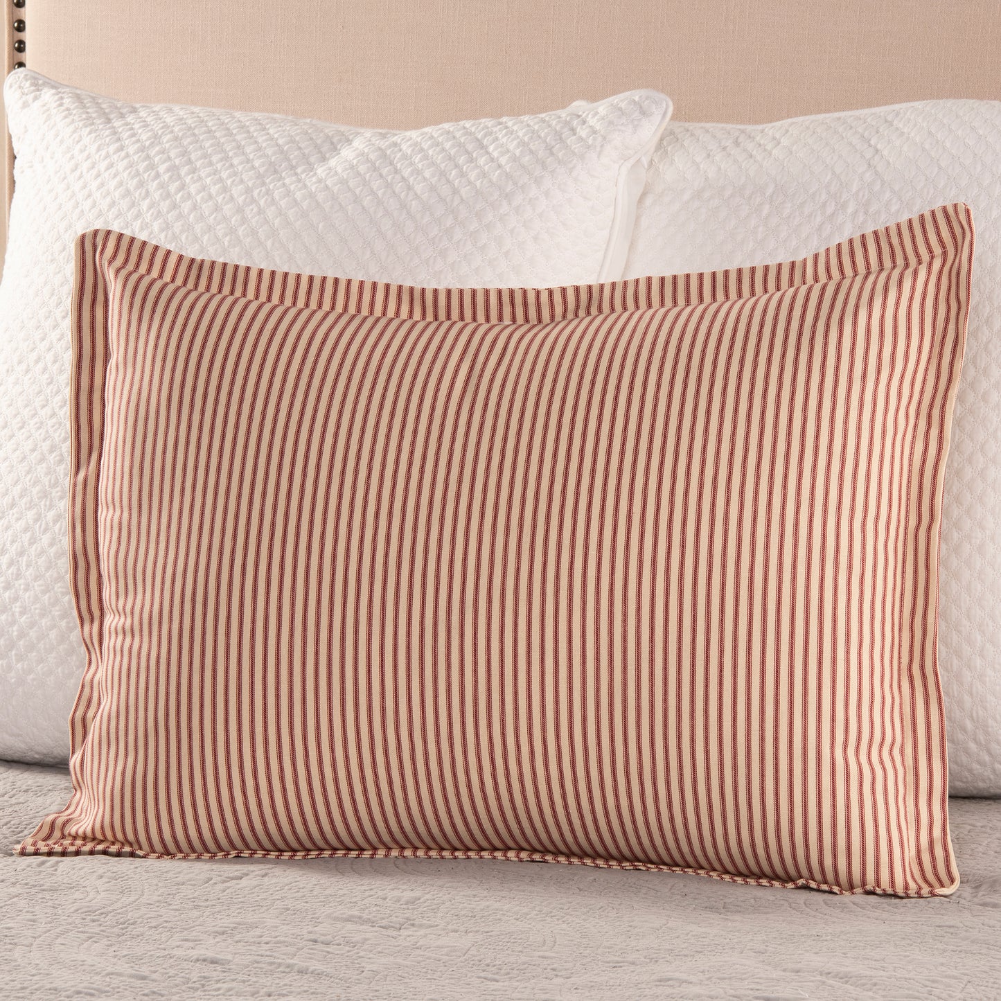 Ticking Stripe Pillow Sham Red Standard Size Flange Style