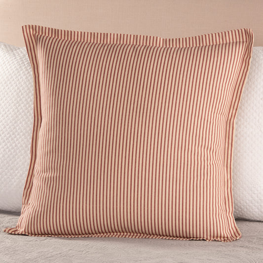 Red Striped Euro Sham 26x26 with flange detail on bed