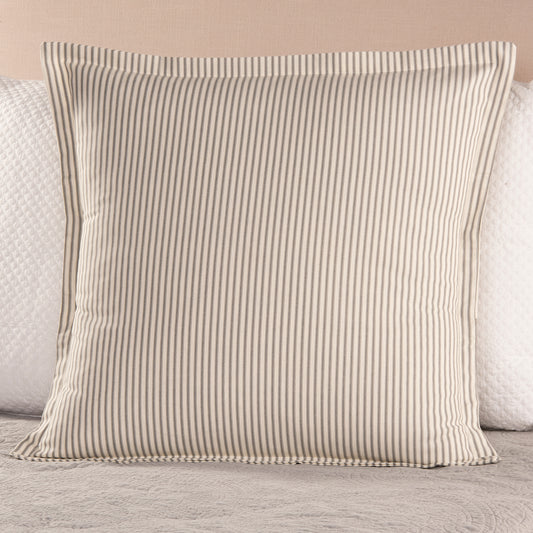 Gray Ticking Stripe Euro Sham with Flange on bed