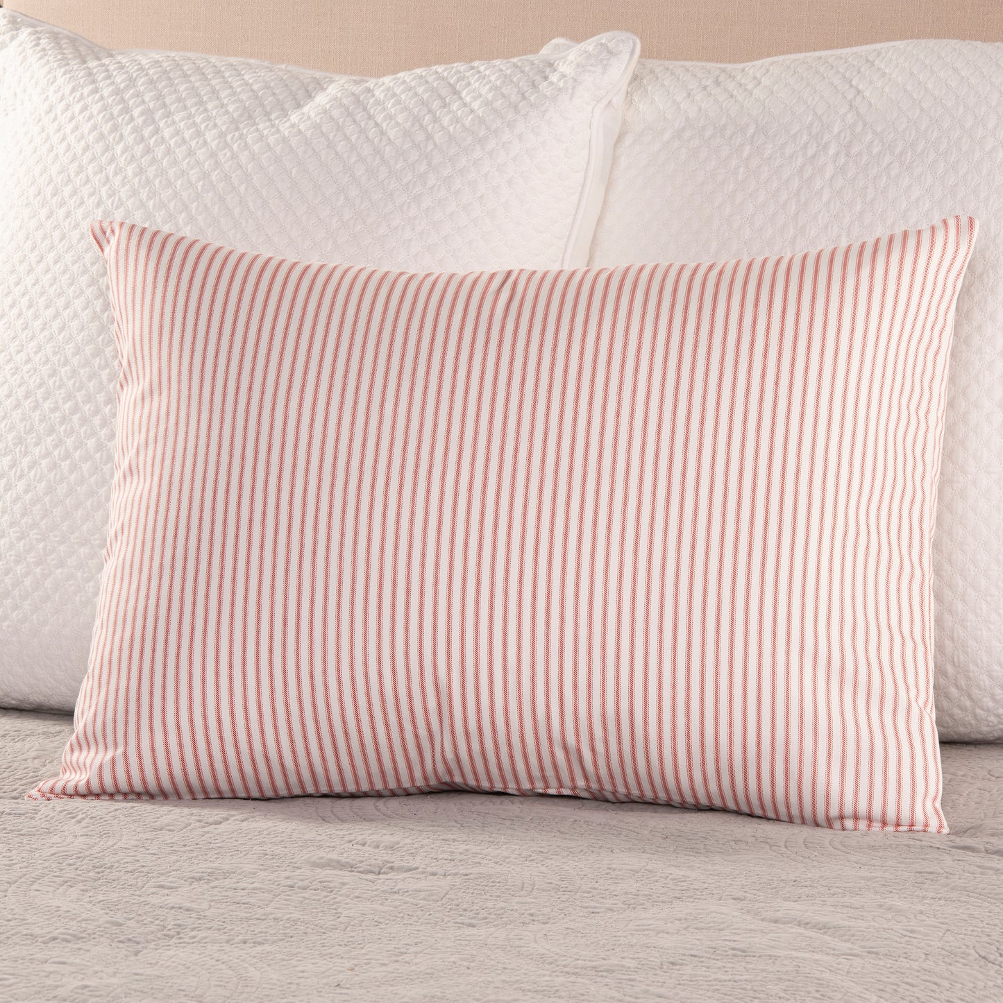 Red and White Ticking Stripe Pillow Sham  Standard Euro or King