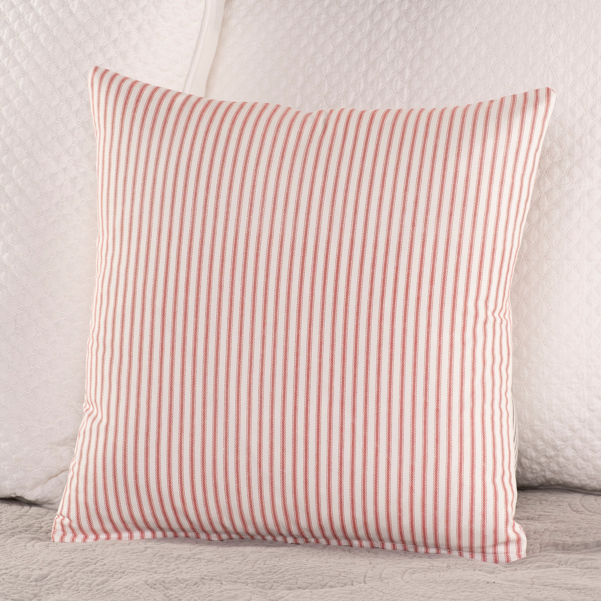 throw pillow cover on bed red and white ticking stripe 