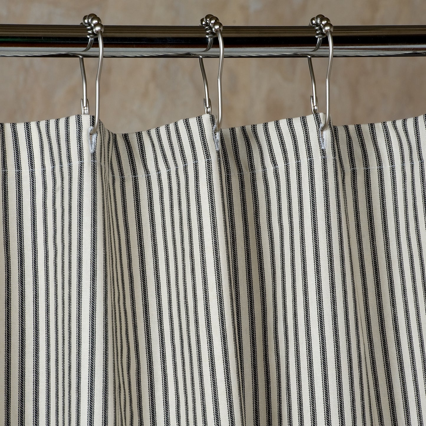 black and  cream ticking stripe shower curtain detail 